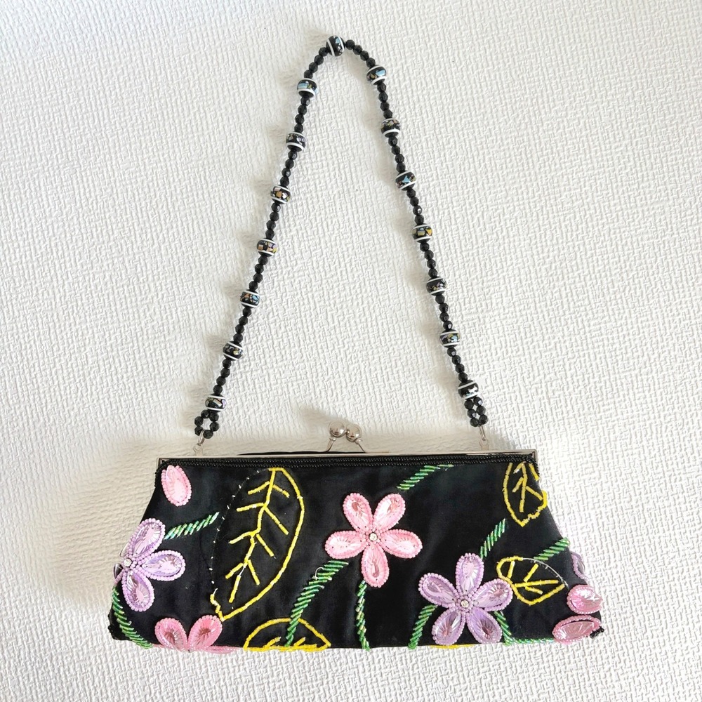 Vintage Beaded Floral Clutch Kiss Lock Evening Bag Black Pink One Size